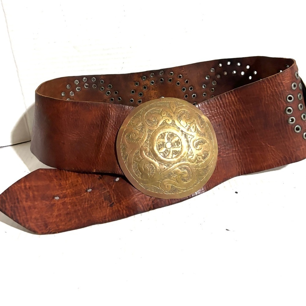 Vintage distressed Brown Leather Belt with Gold tone Buckle
